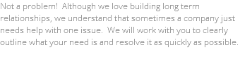 Not a problem! Although we love building long term relationships, we understand that sometimes a company just needs help with one issue. We will work with you to clearly outline what your need is and resolve it as quickly as possible.