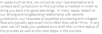 In cases such as this, we will act as your representative and contact each jurisdiction to find out what is needed in order to bring you back into good standings. In many cases, based on our strong and longstanding relationship with several jurisdiction, our requests to expedite processing and mitigate fees are typically approved more often than other firms. In any case, we will keep you updated as to both the current status of the process as well as the next steps in the process.